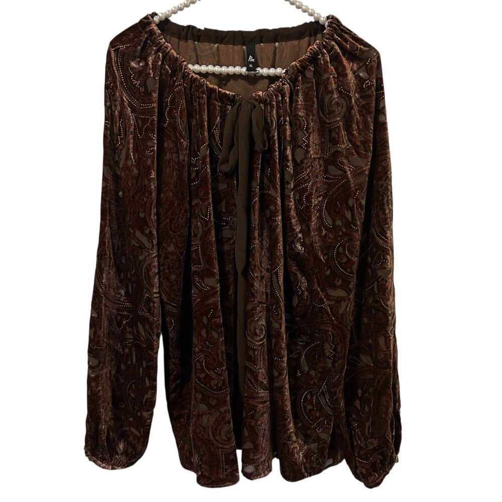 Womens XL Burnout Velvet Blouse Whimsigoth Brown Long Sleeve Poet Shirt Grunge
